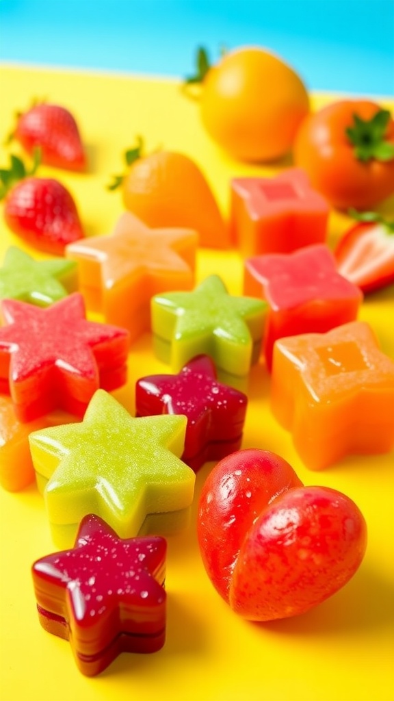 Vibrant homemade 3D fruit snacks in fun shapes on a bright surface, with whole fruits in the background.